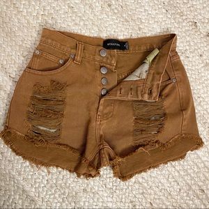 Minkpink distressed rust denim button fly shorts